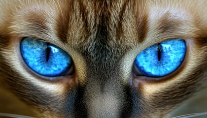 Intense gaze of a Siamese cat with striking blue eyes during daylight