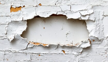 Fractured texture of a white wall revealing an underlying layer of paint and plaster