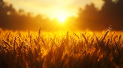 Fototapeta premium Wheat field. Ears of golden wheat close up. Beautiful Nature Sunset Landscape. Rural Scenery under Shining Sunlight. Background of ripening ears of meadow wheat field. Rich harvest Concept. Ads