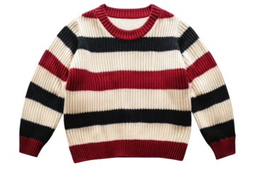 Cozy striped sweater in warm colors laid on a white background for casual fashion styling