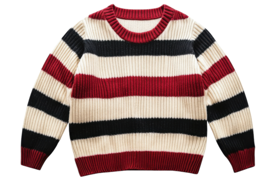 Cozy striped sweater in warm colors laid on a white background for casual fashion styling