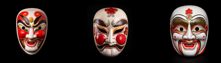 Three traditional Japanese masks isolated against a black background.