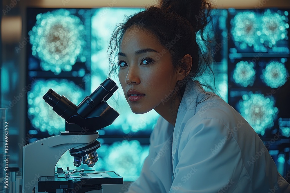 Aufkleber Woman Scientist Working with a Microscope in a Laboratory
