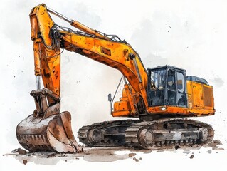 Detailed watercolor illustration of an orange excavator at a construction site, showcasing industrial machinery and rugged design against a white background.