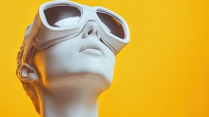 Futuristic Elegance: White Marble Statue of a Woman in Goggles Against Vibrant Yellow - Perfect for Sporty Interiors or Modern Art Posters!