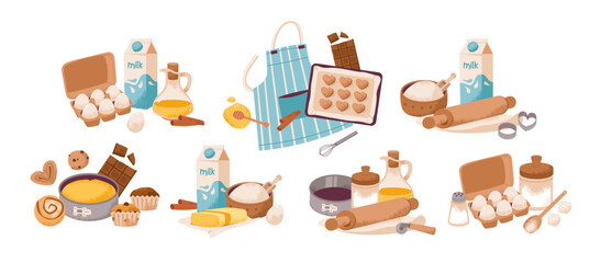 Baking supplies, eggs, flour, and a baking tray, homemade preparation. Gourmet and culinary illustrations set. Homemade cooking, pastry preparation. Flat vector illustration.