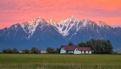 Stunning sunset lights up snow-capped peaks with pink sky over tranquil landscape