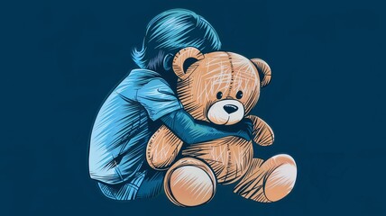 Concept of depression and anxiety on children. A Child Hugging a Teddy Bear Tightly Against a Dark Blue Background, Symbolizing Vulnerability and Seeking Comfort in Times of Emotional Need