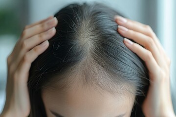 Obraz premium Hair loss problem, Asian woman look at scalp worry about balding, Generative AI