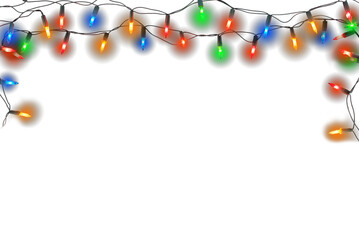 Christmas lights string. Border of festive colorful holiday light string use for design wallpaper of Merry Christmas,  new year and holiday.