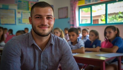 Smiling teacher engaging with elementary students in a vibrant classroom setting