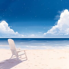 A serene beach scene featuring a cozy white chair overlooking calm waters and a bright blue sky, This image is perfect for travel blogs, relaxation themes, or promoting beach resorts,