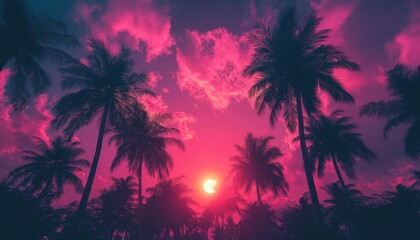 Obraz premium Tropical sunset silhouette with palm trees and vibrant clouds at twilight