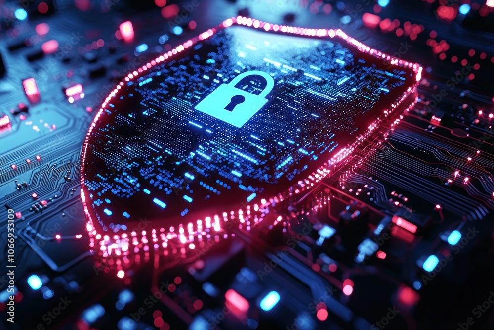 Poster Digital Shield with a Lock on a Circuit Board