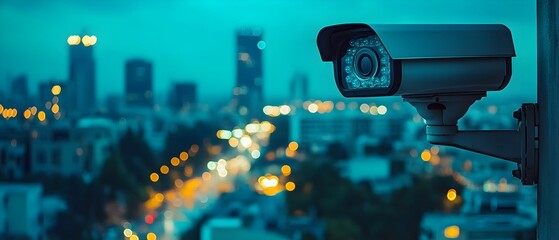 Obraz premium Sophisticated CCTV Overlooking a Vibrant Nighttime City Skyline
