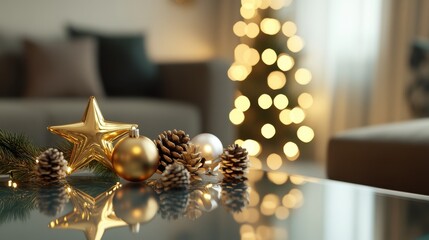 Fototapeta premium 3D Christmas decoration set on a glass table, featuring shiny baubles, a golden star, twinkling lights, and pine cones, surrounded by a soft, warm light