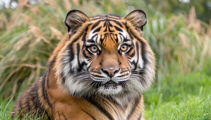 Fototapeta premium Majestic close-up portrait of a tiger resting in lush greenery during daylight