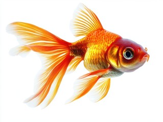 Fototapeta premium Close-up of a vivid orange and gold goldfish with flowing fins, captured against a white background, showing fine details and color.