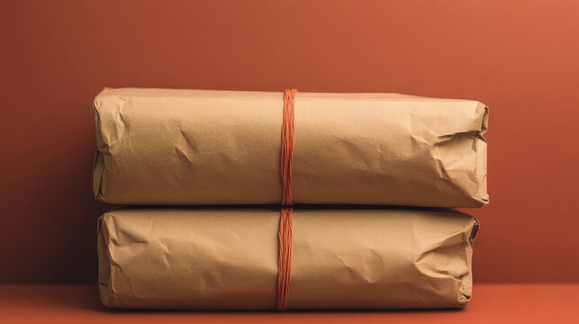 Two brown paper packages tied with string on wooden surface.