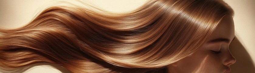 Fototapeta premium A close-up of flowing, shiny hair, highlighting its smooth texture and vibrant color against a soft, illuminated backdrop.