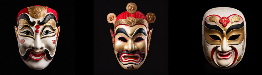 Three ornate masks isolated against a black background.
