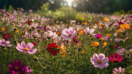 Colorful Flower Field with Rainbow Effect, Human in Distance