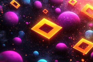 Glowing Orange Squares and Purple Planets in a Starry Space