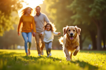 A warm outdoor photograph of a family with a golden retriever running toward forward, surrounded by a sunlit park and trees, showcasing a joyful atmosphere.