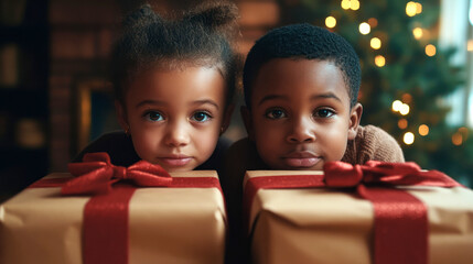 Two children holding wrapped Christmas gifts with red bows.