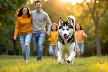 A warm outdoor photograph of a family with a husky running toward forward, surrounded by a sunlit park and trees, showcasing a joyful atmosphere.