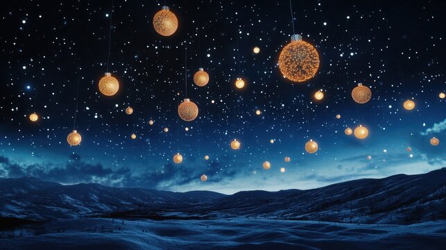 3D illustration of a Christmas night sky with glowing Christmas ornaments floating in space, surrounded by stars, snowflakes, and the faint silhouette of a snow-covered landscape - Powered by Adobe
