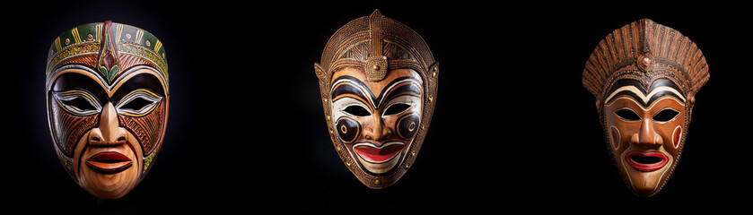 Three ornate wooden masks isolated against a black background.