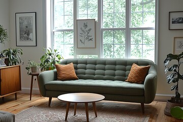 Fototapeta premium Mid century Modern Interiors in a residential living room with mint-colored sofas and interior accessories. Generative AI 