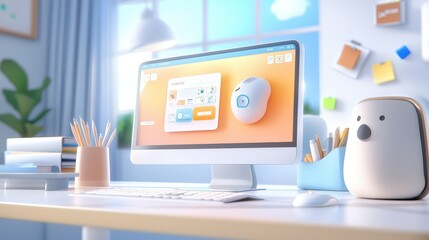 A vibrant home office background showcasing a combination of technology and decor, perfect for themes related to remote work, creativity, and personal style.