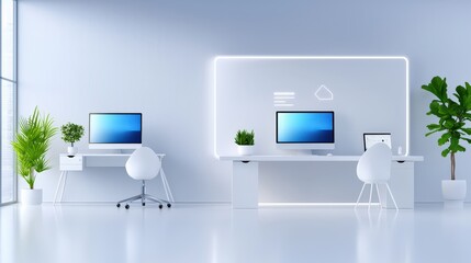 A modern office space background with tech-friendly workstations, lounge areas, and creative decor, perfect for promoting innovation and teamwork in corporate imagery.