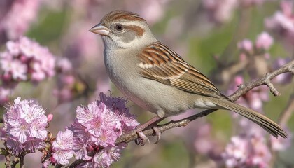 Fototapeta premium A bird perched on a branch adorned with vibrant pink flowers in springtime
