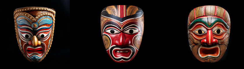 Three colorful, wooden masks are isolated on a black background.
