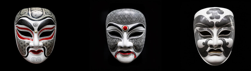 Three white masks with black and red designs are isolated against a black background.