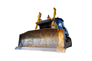 Dozer isolated on white. Earth-moving machinery. Bulldozer isolated on white background. Earth-moving equipment at road work, land clearing, grading, pool excavation, utility trenching.