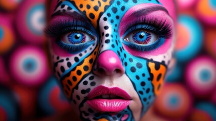 A striking artistic expression features a woman adorned with bold, vibrant face paint, showcasing abstract patterns that captivate with their dynamic visual presence.