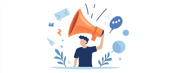 Person using megaphone to express ideas, surrounded by speech bubbles and messages, white isolate background