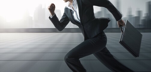 Fototapeta premium Businesswoman Running Toward Success: A determined businesswoman sprints forward with purpose, carrying her briefcase, her stride mirroring the drive and ambition needed to reach the top.