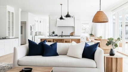 Fototapeta premium Modern Living Room with White Sofa and Blue Pillows