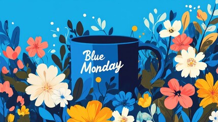 Blue mug with blue monday text surrounded by vibrant flowers and leaves on bright background - concept of blue monday