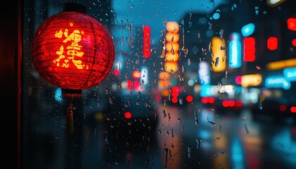 Raindrops on a bustling city window by a glowing lantern at night