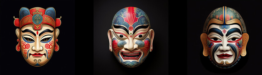 Three colorful masks, isolated against a black background.