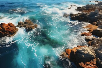 aerial view sea waves and fantastic rocky coast. Summer seascape.