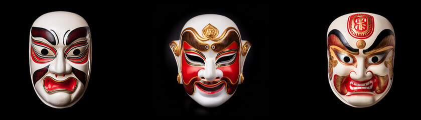 Naklejka premium Three colorful masks, each with a unique expression, are isolated against a black background.