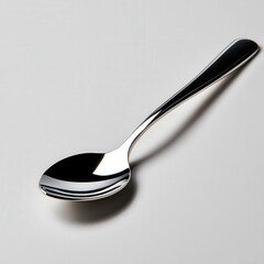 Shiny stainless steel spoon on a white background, perfect for kitchen and dining-themed projects.