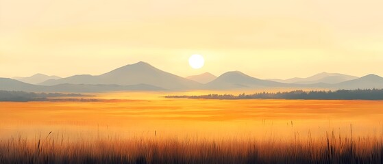 Fototapeta premium A tranquil sunset over a misty landscape, showcasing rolling hills and a warm golden glow reflecting on the water, creating a serene atmosphere.